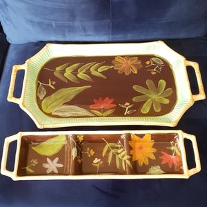 Handpainted Bamboo and Floral Large Serving SET